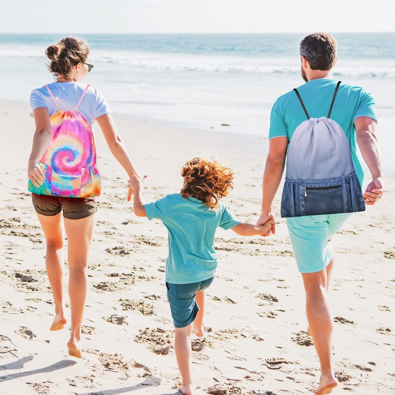 Mesh Drawstring Bag with Zipper Pocket, Beach Bag for Swimming