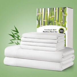 Shilucheng 100% Viscose Derived from Bamboo_ Sheets Queen Size 6pcs, Ultra Soft & Luxuriously Cooling Bed Sheets, Deep Pocket Up to 16", Hotel Silky Bedding Set (White)
