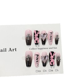 GLORS Luxury Long Coffin Press-On Nails, Pink and Black Gothic Design with 3D Bunny and Diamond Heart, Handmade False Nail 10 Pieces (Large, LS)