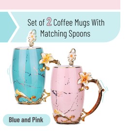 BTaT- Floral Ceramic Mugs with Spoon, Set of 2, Pink and Blue, Fancy Coffee Mugs with Spoon, Christmas Gifts