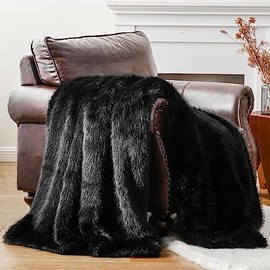 BATTILO HOME Luxury Fluffy Black Faux Fur Throw Blanket, Black Blanket for Couch, Sofa, Chair, Bed, Plush Fuzzy Cozy Fur Throws with Long Pile, 50"x60"