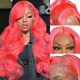cute fairy 28 Inch Pink Lace Front Wig Human Hair Body Wave Colored Wigs 200% Density Hot Pink Wig Human Hair 13x6 Pre Plucked with Baby Hair Glueless for Women