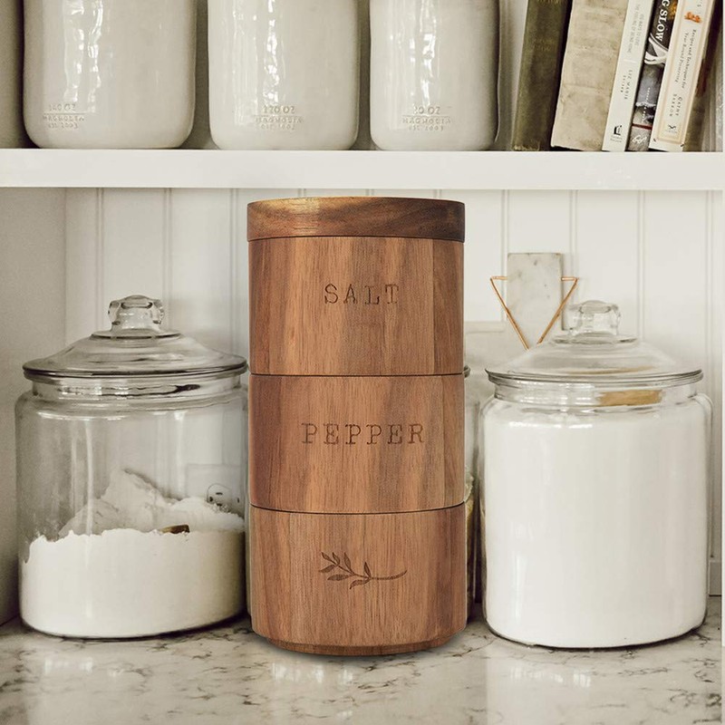 Acacia Wood Salt Pepper Shaker Set Cellar 3 piece Stacking