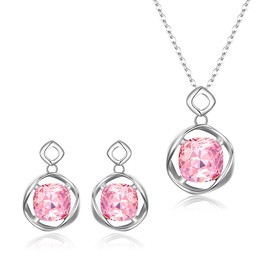 EleQueen Silver-tone Gorgeous Prismatic Necklace Stud Earrings Jewlery Set with Pink Birthstone Crystal from Austria for Women Girls, Valentine's Day/Mother's Day/Christmas Jewelry Gift for Girlfriend/Mom
