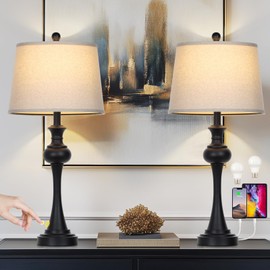 CINSARY 28.75" Black Table Lamps Modern 3-Way Dimmable Bedside Lamp with USB A+C Ports & AC Outlets for Living Room Bedroom Nightstand Lamp,Beige Fabric Shade Mid Century Accent Style