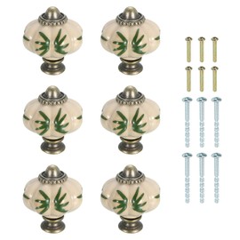 sourcing map 6Pcs Ceramic Knobs, 35mm/1.38" Pumpkin Cabinet Knob Drawer Pull Handle Vintage Drawer Knobs with Screws for Vanity Bedroom Furniture Closet, Green Leaves
