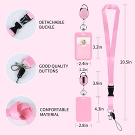 Pink ID Badge Holder and Retractable Reel Clip,Landyard Keychain with id Badge,Cute Photocard Key Card Holder Nametag Protector for Nurse Women Kid Office School(Vertical)