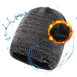 TOP-EX Waterproof Merino Wool Knitted Beanie Hat for Men Women Fleece Lined, Warm Winter Hat for Golf, Running UK Cold Weather Black-Grey M