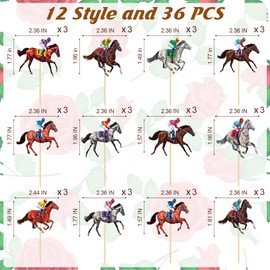 36 PCS Derby Cupcake Toppers, 12 Style Derby Party Decorations, Race Horse Cupcake Toppers Run for the Rose Toothpicks, Run for the Roses Theme Horse Decorations Horse Party Supplies