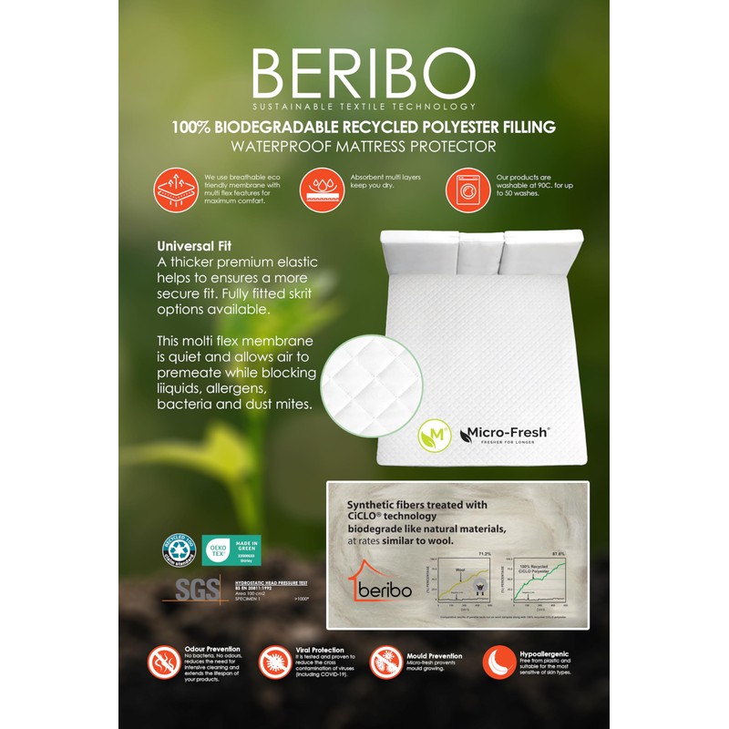 BERIBO Waterproof Mattress Protector - Quilted, 135x190cm + 30cm Deep