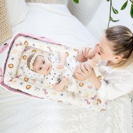 Loevin Baby Lounger with Pillow,Baby Lounger for Newborn Portable,Baby Nest Cosleeping for Baby in Bed Adjustable Size & Strong Zipper Lengthen Space to 24 Months(Animal World Pink)