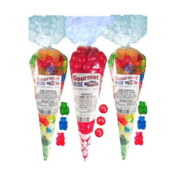 Gummy Bears (2) Assorted 12 Flavor Mix (1) Sour Cherry Balls Fire Engine Red (NET WT 32 OZ) Gourmet Kruise Signature Gift Bags Gummi And Chewy Candy
