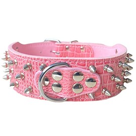 Bbmmayy Leather Dog Collar, Spiked Studded Dog Collar for Medium Large Dogs Pit Bull Mastiff Bully Boxer (L, Pink2)