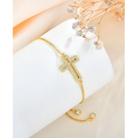 Fahonie Adjustable Hollow Cross Bracelet for Women,Dainty 14K Gold Plated Cross Bracelet with Cubic Zirconia Christian Minimalist Religious Jewelry Gift for women