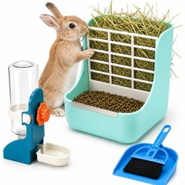 HERCOCCI - Juego de comedero de heno y botellas de agua de conejo, cuencos de alimentador de heno con dispensador de agua colgante de 500 ml para evitar golpes para conejo, conejillo de indias chinchilla (grande, azul)