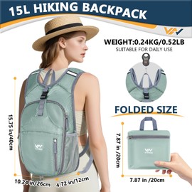 VHYBRIX 15L Hiking Backpack - Lightweight Small Packable Daypack Travel Outdoor Foldable Shoulder Bag Camping Hiking Backpack for Women Men - Grey