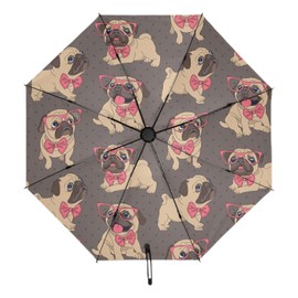 Folding Umbrella Compact Cartoon Pug Dog Travel Umbrella Automatic Open Close Pink Funny Puppy Inverted Umbrella for Rain Windproof Sun Umbrella UV Protection Large Portable Reverse Umbrella for Wome