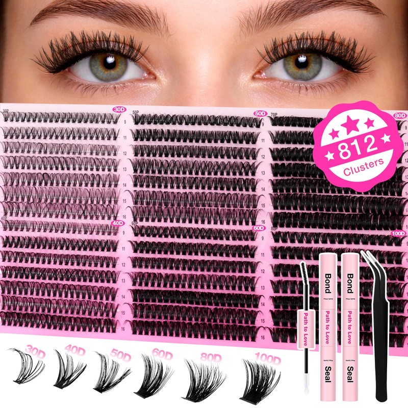 Individual Eyelashes 812pcs Cluster Lashes Kit with 2 Set of