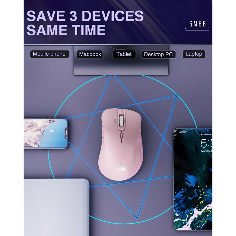 SOLAKAKA SM66 Pink Silent Dual Mode 2.4GHz Wireless Mouse, Adjustable