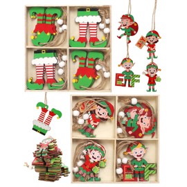 LOPOTIN Wooden Christmas Decorations,24PCS Christmas Elf&Clown Xmas Tree Hanging Ornaments with Four-compartment Boxs Wooden for Christmas Tree Door Hanging Pendant Table Centerpieces