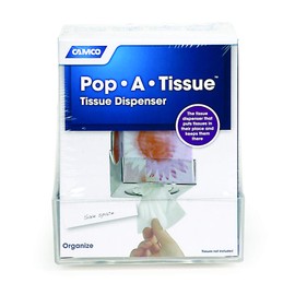 Camco Pop-A-Tissue- Tisssue Box Holder- Mounts to Walls and Cabinets, Dispenses Tissue and Holds Tissue Boxes Upward or Downward- Perfect for RVs and Trailers, Easy Install - Clear (57101)