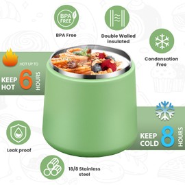 Itslife Thermal Food Container 600 ml, Stainless Steel Food Storage Container with Buckle Lid and Spoon, Thermal Lunch Box Children Leak-Proof, Food Container for Picnics, Schools and Offices, Green