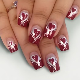 BFY Valentines Day Press on Nails Medium Square Heart Fake Nails for Women, Red Heart Acrylic Nails Kit, Shiny Silver Love Gel False Nails Valentines Wedding Nail Decorations 24 Pcs