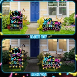 2PCS Welcome Home Outdoor Yard Sign Decorations Glow Neon Welcome Lawn Sign with Stakes and LED Homecoming Home Signs Supplies for Family Housewarming Welcoming Party Homecoming Garden Outside Decor