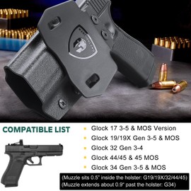 WARRIORLAND OWB Kydex Holster Optics Cut: Compatible with Glock 17/19 / 19X / 34 Gen 3-5 & G32 Gen 3-4 & G44 / 45 & Select MOS, 1.75 Inch Paddle Open Carry, Posi-Click Retention, Right Hand