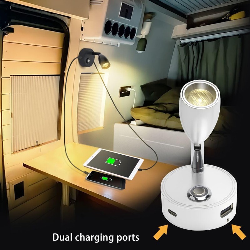 12V LED RV Reading Light with Dual Charging Ports Touch