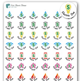 Pay Bills Planner Stickers/Pay Day / 54 Fun Vinyl Stickers (1/2”) / Budget Bills Work Financial/Essential Productivity Life Planner Stickers/Bujo Bullet Journaling (1 Sheet, Mortgage, Matte Vinyl)