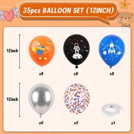 Space Balloons, 12 Inch Blue Black Orange Metallic Silver Confetti Balloons for Kids Boy Space Themed Birthday UFO Party Decorations Baby Shower Graduation Supplies