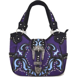 Western Style Belts Buckle Studded Concealed Carry Purse Laser Cut Handbags Women Shoulder Bag Wallet Set (Purple Set)