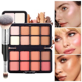 Joyeee 16 Colours Blush Contouring Highlighter Palette with Brush, Blush Bronzer Eyeshadow Powder Waterproof Long Wearing Makeup Palette for Girls Women for Face Cheek Eye Body