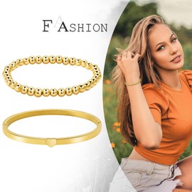 Aroncent Set of 2 Stainless Steel Bracelet Heart Zircon Pearl Bracelet Polished Bracelet Bangle Wrap Bracelet Gold, Stainless Steel