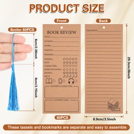 60 Pcs Book Review Bookmarks with 60 Colorful Bookmark Tassels Kraft Book Marker Reading Log Page Book Lovers Gifts for Bookworm Bookish, Readers, Students, Teachers