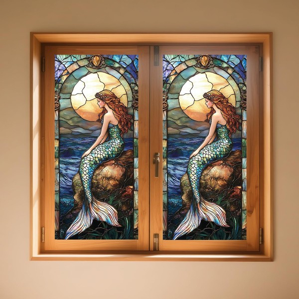 IVN Stained Glass Window Film Mermaid Design 17.7x39.3 inch Window