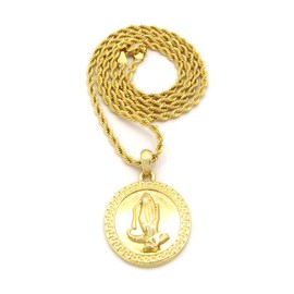 Fashion 21 Gold Tone Praying Hands Pendant 3mm 24" Rope Chain Necklace XSP456GRC