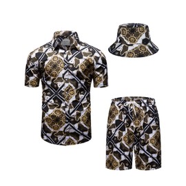 fohemr Mens Luxury Outfit Set Black Gold Shirts And Shorts Chain Print 2 Piece Tracksuit Set Baroque Button Down Hawaiian Suit with Bucket Hats Small