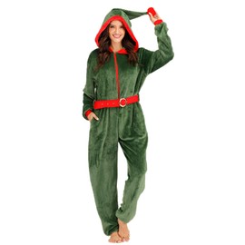 FantastCostumes Women's Fleece Christmas Elf Costume Pajamas Onesie for Adult Dark Green Small