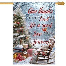 BlissYard Merry Christmas House Flag 28 x 40 Inch Double Sided Garden Flag with Psalm Christmas Tree Snowy Forest and Rocking Chair for Winter Yard Banner Porch Outdoor Decor