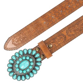 INOGIH Women's Vintage Western Leather Turquoise Buckle Cowgirl Country Boho Waist Belt (Fits Waist from 33" to 38"), Brown with turquoise