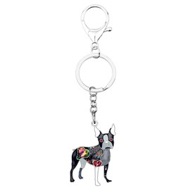 BONSNY Enamel Metal Heart Rhinestone Boston Terrier Dog Key Chains For Women Kids Car Purse bag Rings Charms Pets Gift