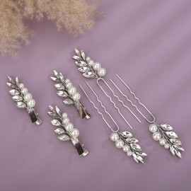 Teyglen 5pcs Bride Wedding Crystal Pearl Hair Pins Clips Set Silver Bridal Rhinestone Hairpins Hair Barrettes Handmade Pearl Hair Piece Wedding Hair Accessories for Women Girls (Silver)