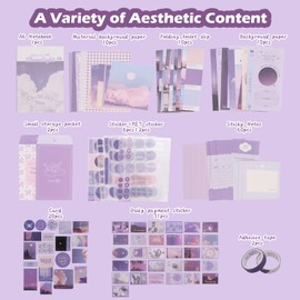 Gearific Scrapbooking Supplies Kit, Aesthetic Scrapbook Kit with A6 Grid Notebook, DIY Journaling Supplies, Birthday Craft Gift for Teen Girl Kid Women (Purple)
