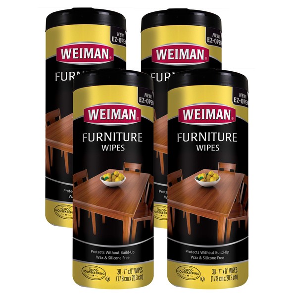 Weiman Wood Cleaner and Polish Wipes - 4 Pack (120 Wipes) - for Furniture to Beautify and Protect No Build-Up Contains Ultra Violet Protection Pleasant Scent Surface Safe - 30 Count Each