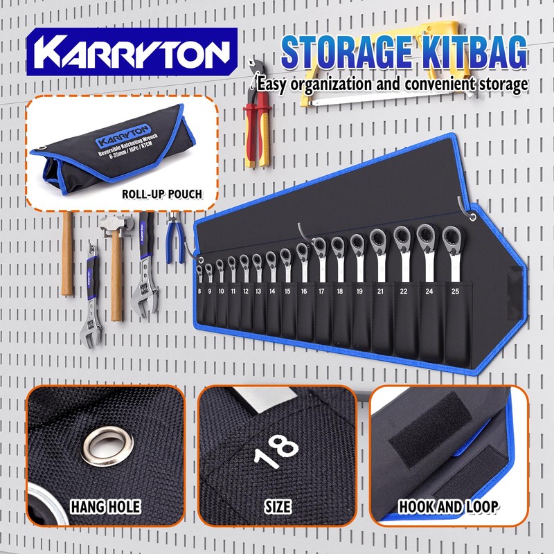 KARRYTON 16-piece Reversible Ratcheting Wrench Set Metric 8-25mm, 72 Teeth