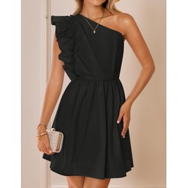 ZESICA Women's Summer One Shoulder Ruffle Dress Boho Sleeveless Elastic High Waist Swing Mini Dresses,Dim,Medium