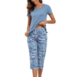PNAEONG Women Pajama Set Sleepwear Tops with Capri Pants Casual and Fun Prints Pajama Sets C Good Night M