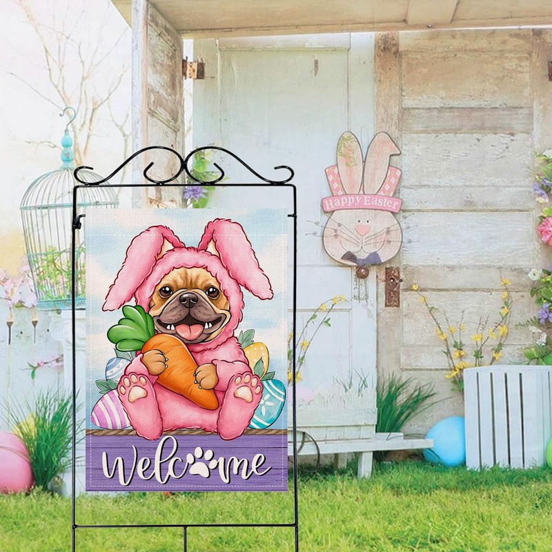 Welcome Easter Bunny Dog Large Decorative House Flag, French Bulldog